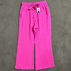 Sincerely Jules Pants Large Pink Crop Wide Leg Gauze Beach Belted Crinkle Travel